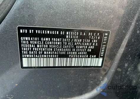 2017 Volkswagen Jetta 1.4T Se z USA, uszkodzony, nr VIN 3VWB67AJ2HM298502